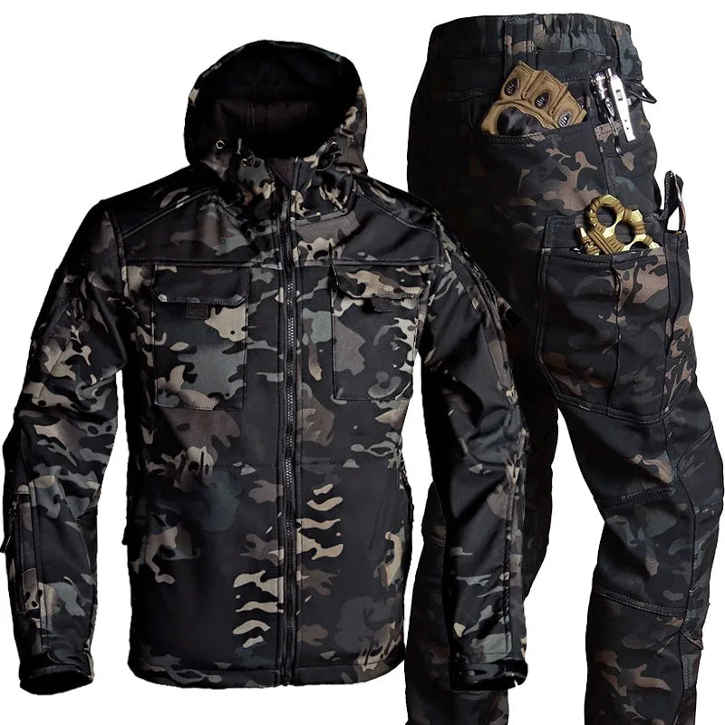 Camo Fleece Warm Sets Men Shark Skin Soft Shell Hooded Jacket+Multi-pocket Straight Cargo Pant 2 Pcs Suit Waterproof Combat Set