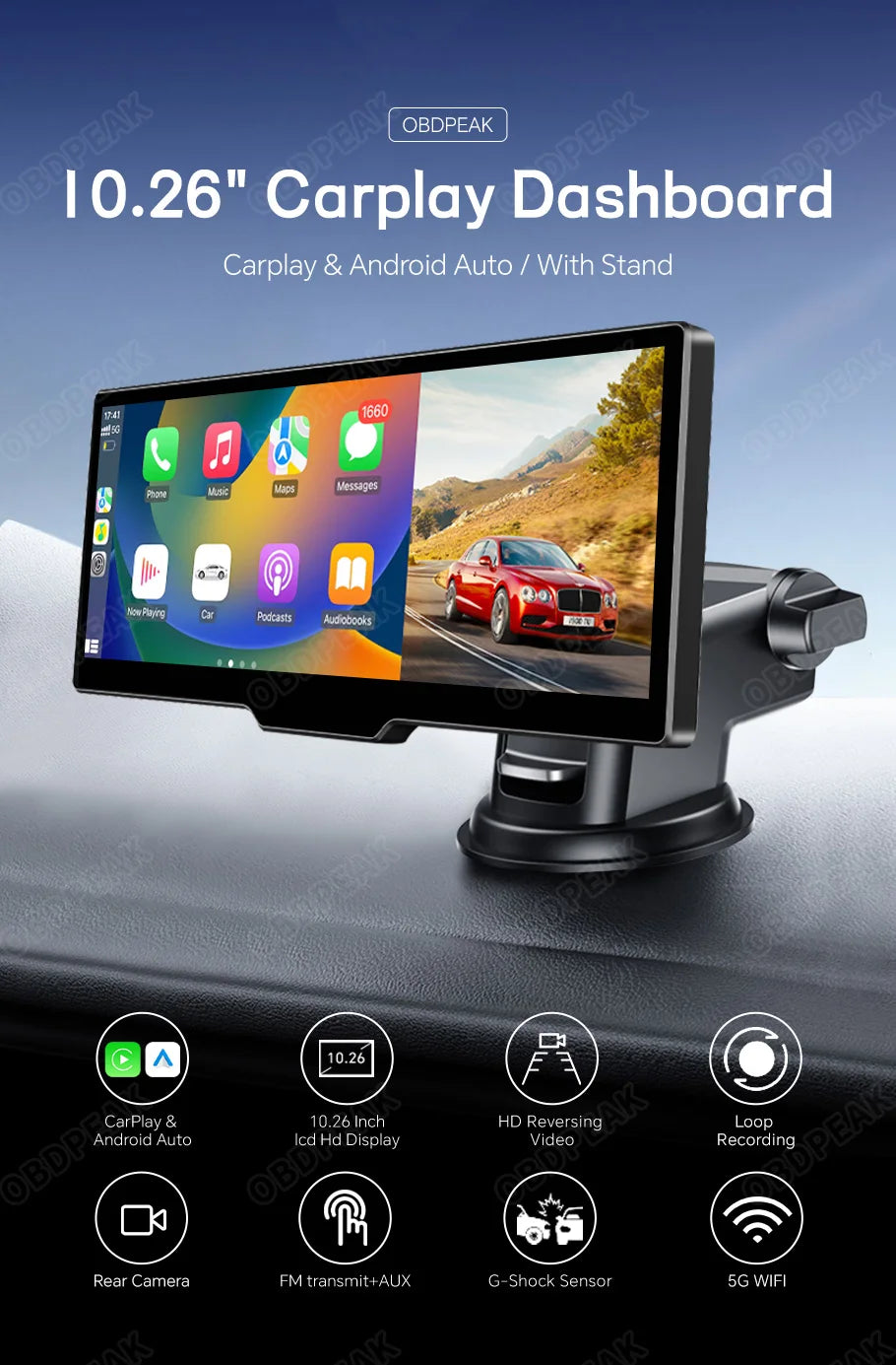 T20 Dashcam Carplay Android Auto GPS Navigation 5G WiFi Dashboard Aux Output Mirror Link 2.5K Rear Camera Video Universal Screen