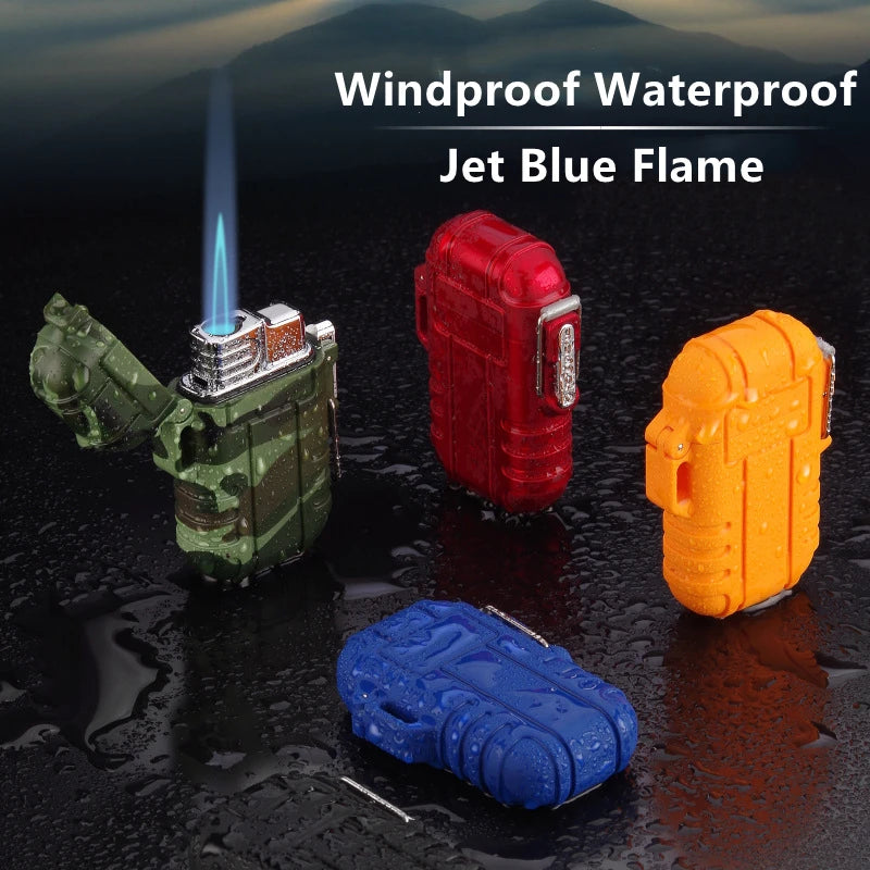 Outdoor Camping Wading Waterproof Lanyard Portable Jet Blue Flame Butane Gas Lighter Turbo Cigar Smoking Accessories Gadgets