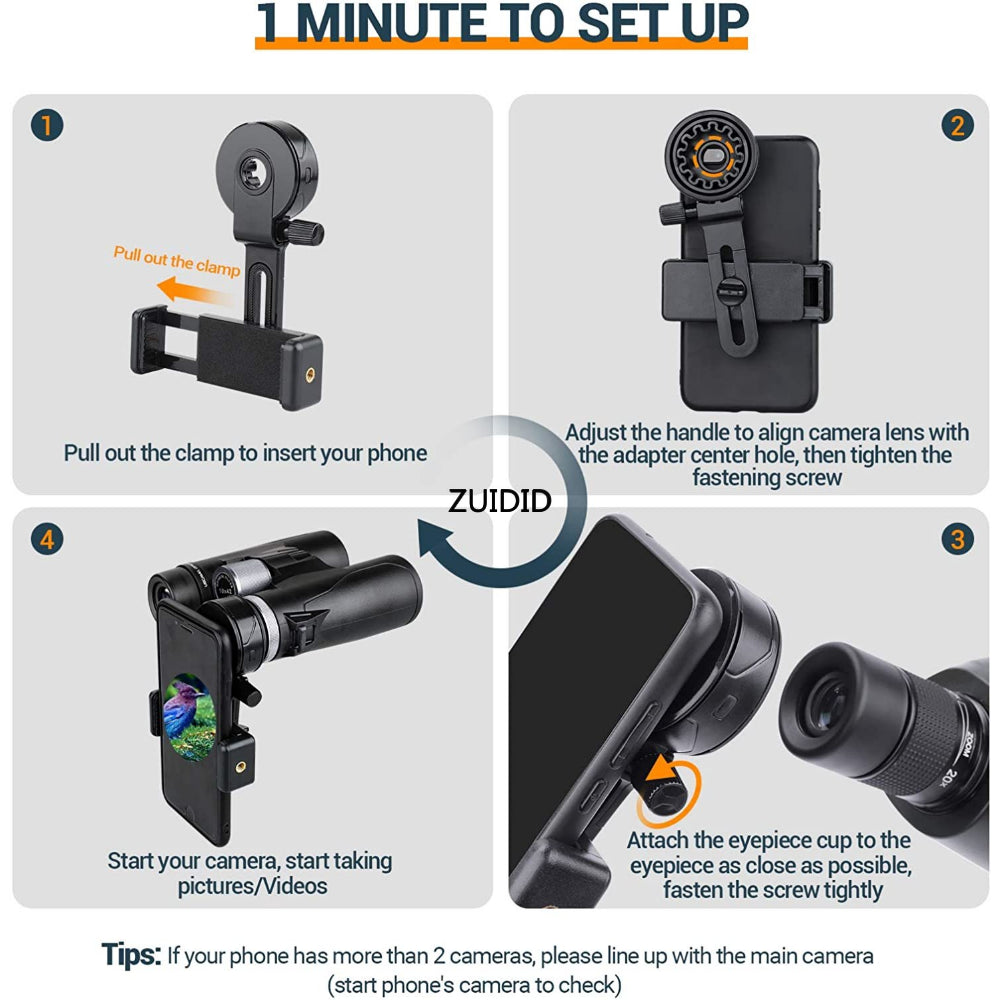 ZUIDID Universal Telescope Phone Adapter Mount Compatible Binoculars, Monocular, Microscope, Spotting Scope, Telescope