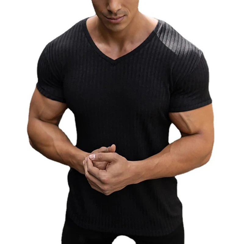 Running V Neck Short Sleeve T Shirt Men Fitness Slim Fit Sports Strips T-shirt Fashion Tees Tops Summer Knitted Gym Clothing