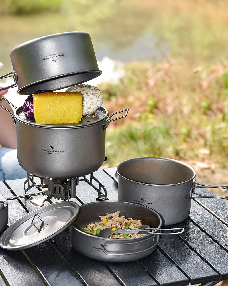 Boundless Voyage Titanium Camping Cookware Mess Kit Portable Camp Frying Pan and Pots Set with Steaming Grid for Outdoor Picnic