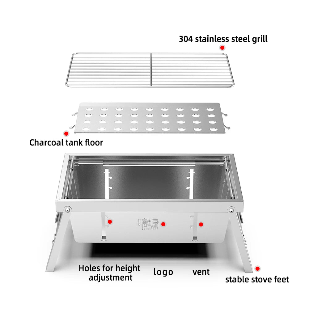 Camping Grill Stove Portable Outdoor Charcoal Household Folding Stainless Steel BBQ Wood Stove Picnic Detachable Roasting Stove