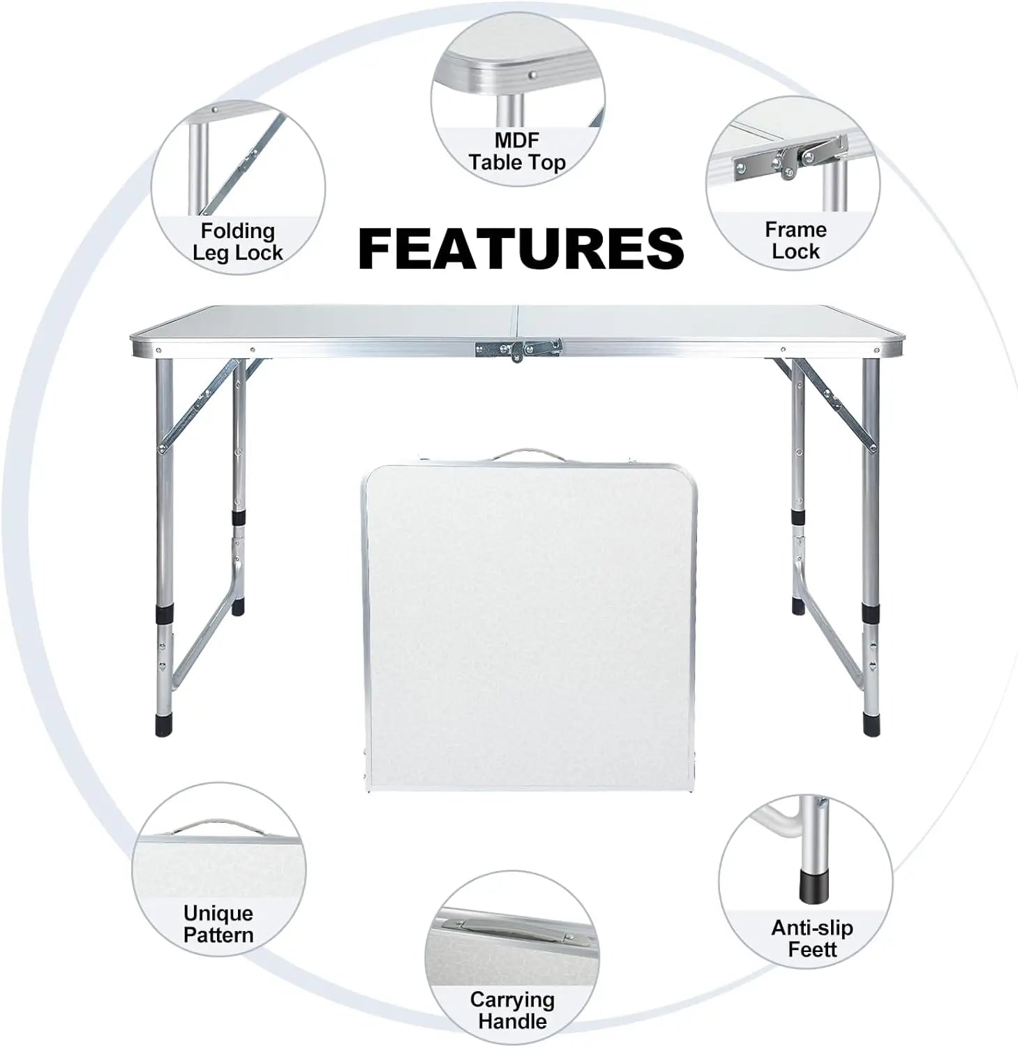 4 Foot Folding Table with 4 Chair Set, Portable Plastic Dining Table Adjustable Height, Heavy Duty Fold-in-Half Camping Table