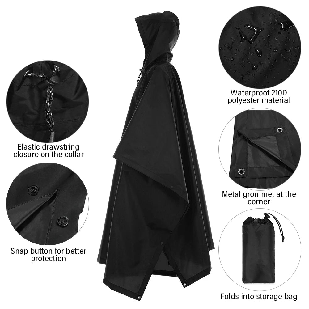 3-in-1 Waterproof Rain Poncho Lightweight Hooded Rain Coat Picnic Mat Blanket Sun Shelter for Outdoor Camping Cycle Climbing