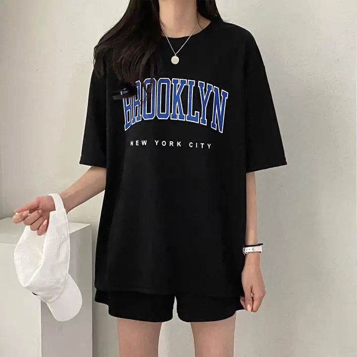 Korean Style Summer Female Sporty Outfit Running Gym Suit Women Clothing Two Piece Sets Short Sleeve T shirt Top Shorts Casual