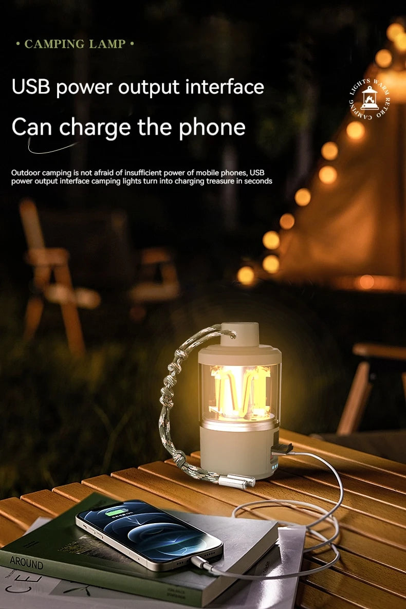 LED Tungsten Core Camping Light Portable Lanterns Rechargeable Outdoor Camping Fishing Emergency Flashlight Lamp with Rope