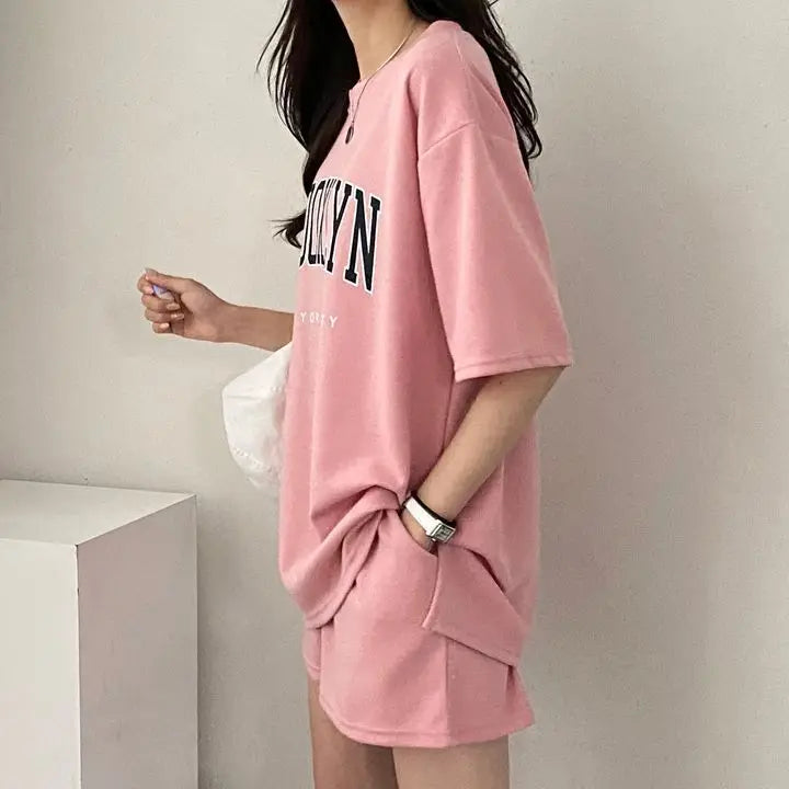 Korean Style Summer Female Sporty Outfit Running Gym Suit Women Clothing Two Piece Sets Short Sleeve T shirt Top Shorts Casual