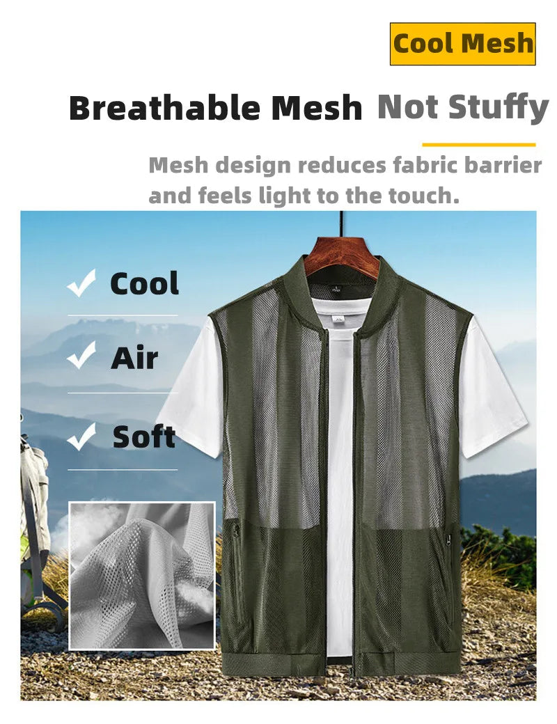 Summer Mens Mesh Fishing Vests Multi-pocket Outdoor Work Big Size Zipper Jacket Men Quick-drying Stripe Skin Clothes Hiking Vest