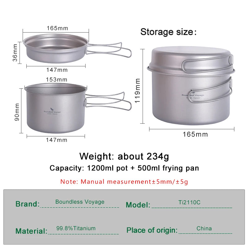 Boundless Voyage Titanium Pot & Frying Pan Backpacking Pot with Portable Foldable Handles Camping Mess Kit Cookware Set Ti2110C