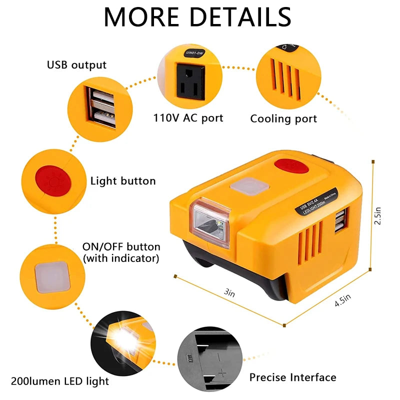 For Dewalt 20V 18V Lithium Battery Inverter Generator DC 20V To AC 110V/220V Portable Inverter Power Station with LED Light USB