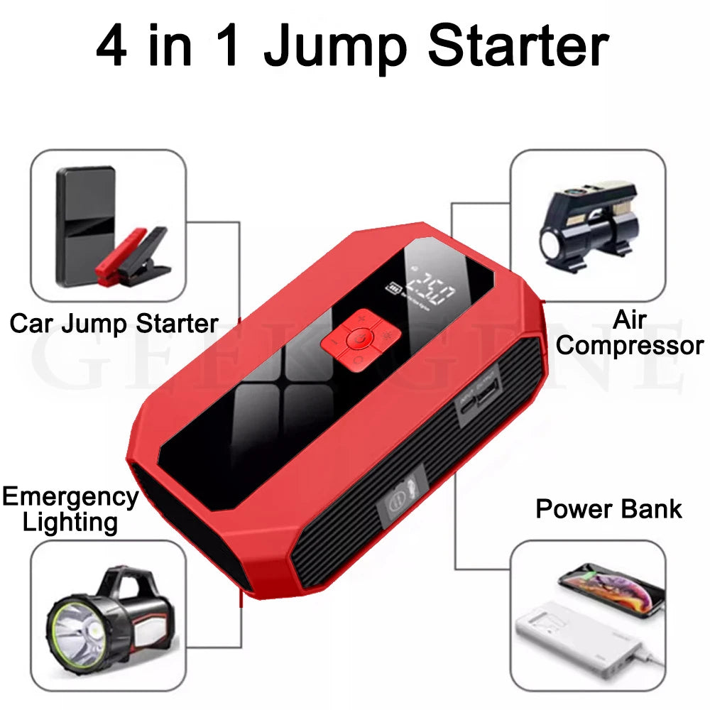 4 In 1 Car Jump Starter Power Bank Air Compressor Inflator Pump 1200A Portable Power Station Car Battery Charger Booster