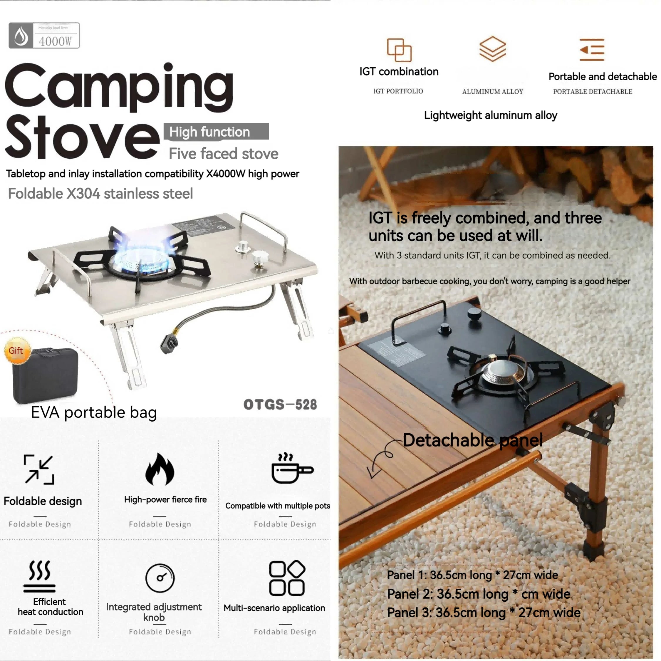 Outdoor foldable portable IGT combination table camping table gas stove aluminum alloy Chicken rolls table picnic gas stove