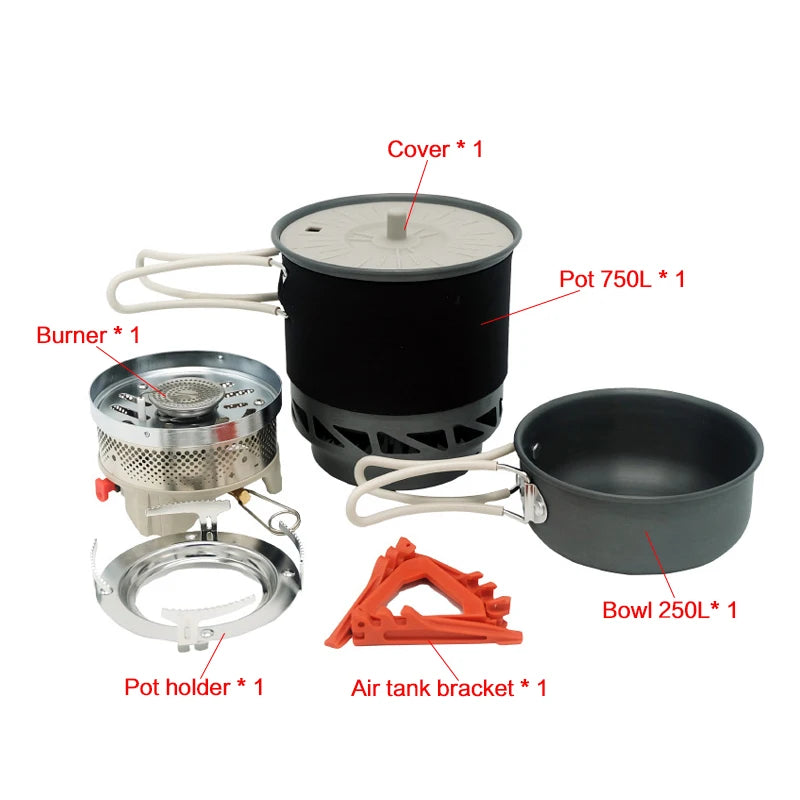 Camping Cooking System with Heat Exchanger Outdoor Gas Furnace Burner Tourism Integrated Boiler Set Cup Tableware and Cookware