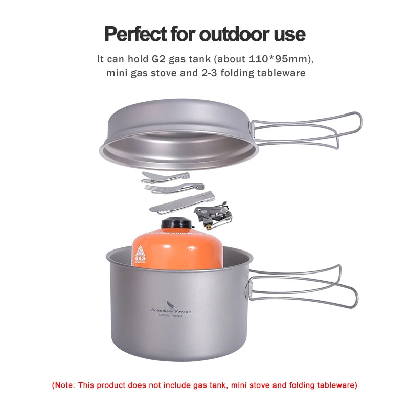 Boundless Voyage Titanium Pot & Frying Pan Backpacking Pot with Portable Foldable Handles Camping Mess Kit Cookware Set Ti2110C