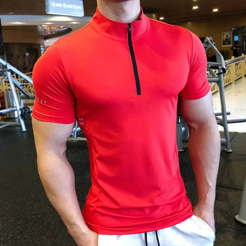 Men Running T-shirt Short Sleeve Night Running Reflective Quick Dry Sweatshirt Male Gym Jogging Top Half Zipper Clothing