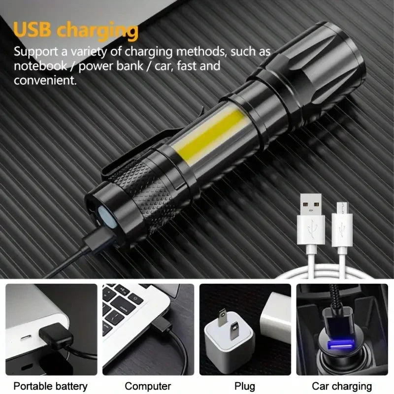 Mini LED Flashlight Protable USB Rechargeable Aluminium Alloy Torch Strong Light Zoom Waterproof Camping Lantern Outdoor Lamp