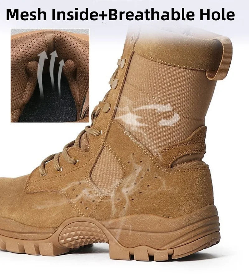 Men's Cowhide Waterproof Boots Summer Outdoor Hiking Climbing Shoes Wear-resistant Non-slip Boot Fashion Side Zip Lace-up Shoe