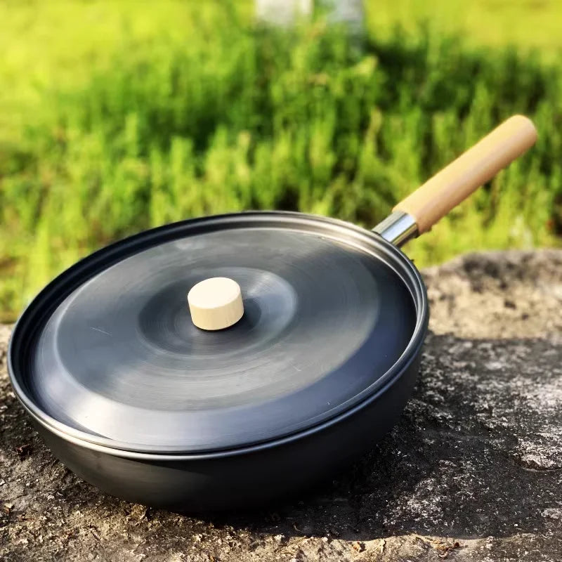 Aluminum Camping Wood Handle Wok Cookware, Outdoor Tableware, Picnic BBQ Cooking, Tourism, Kitchen Equipment, 3-4 Persons