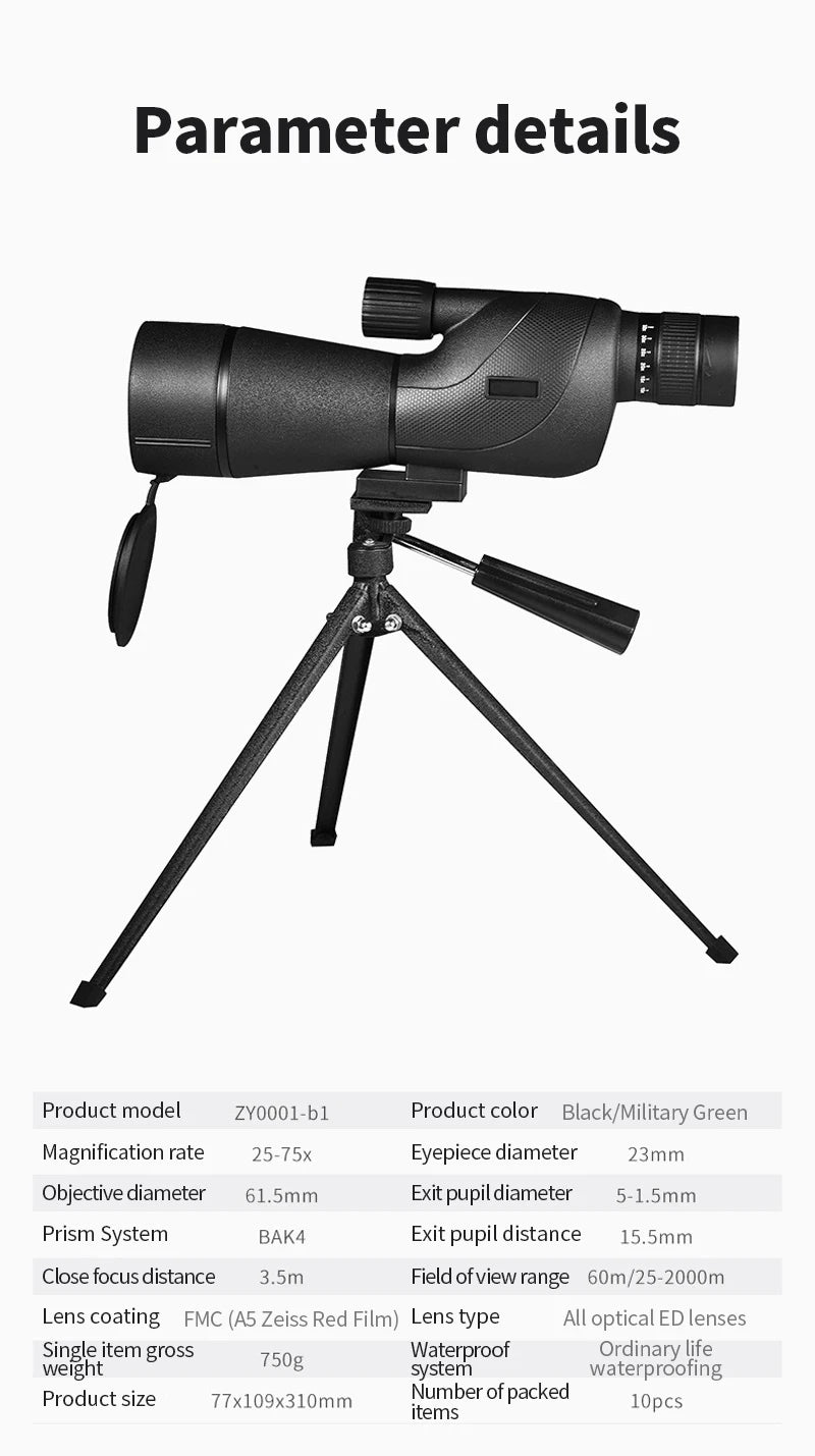 25-75x60 Spotting Scope Zoom Monocular Powerful Telescope Bak4 Prism ED Lens For Outdoor Camping Bird Watching Shooting