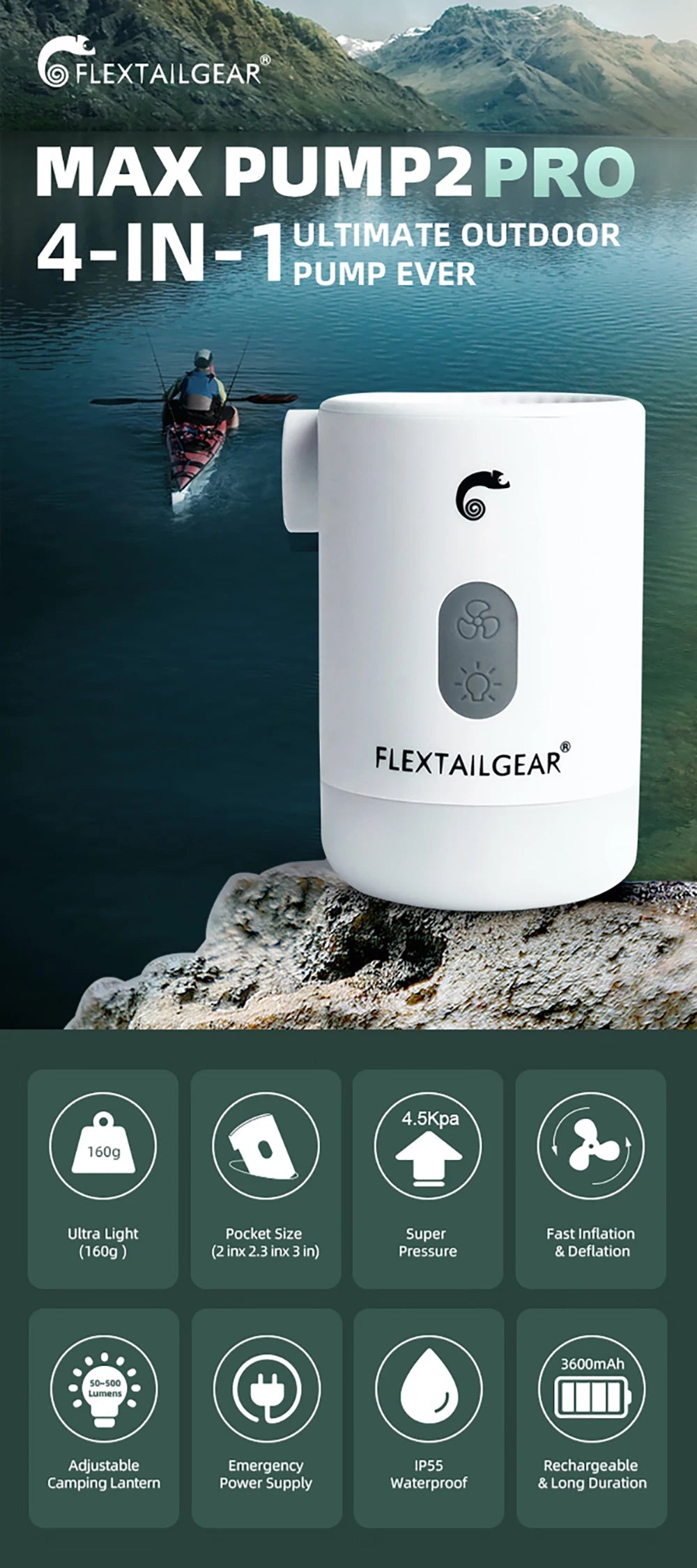 FLEXTAILGEAR Max Pump 2 Pro Portable Mini Air Pump Camping Equipment Electric Inflator USB Charging Illumination For Outdoor