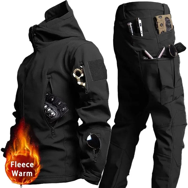 Camo Waterproof Tactical Sets Men Winter Soft Shell Hooded Jackets+Multi-pocket Cargo Pants 2 Pcs Suits Fleece Warm Combat Set