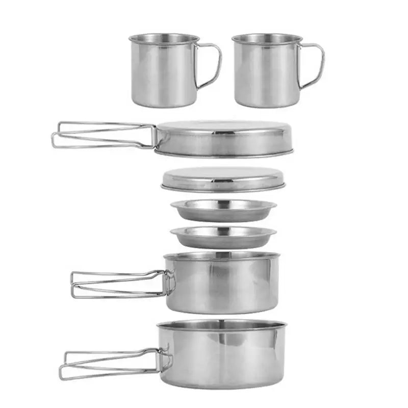 8pcs/set Stainless Steel Outdoor Camping Cookware Set Portable Ultralight Picnic Hiking Cooking Pot Bowl Kit Camping Supplies