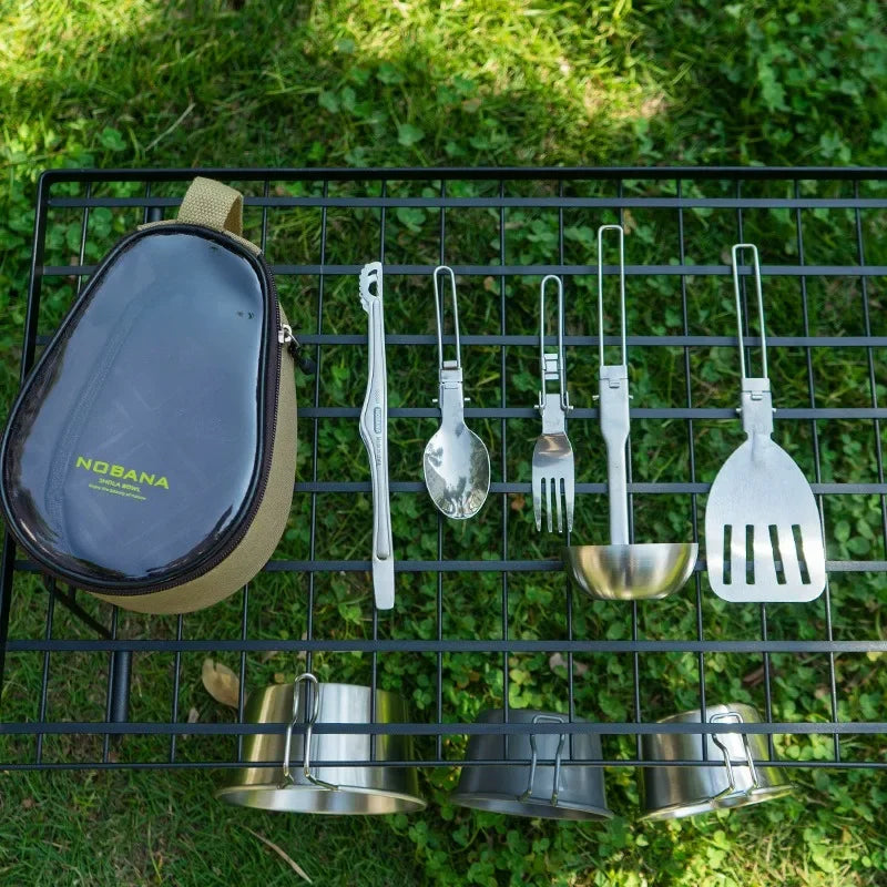 8Pcs/set Outdoor Camping Cookware Set With Knife Utensil Spoon Portable Picnic Kitchen Utensils Tableware Storage Handbag