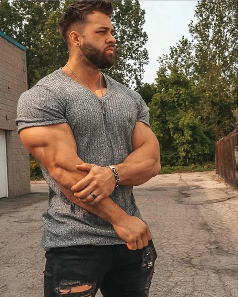 Running V Neck Short Sleeve T Shirt Men Fitness Slim Fit Sports Strips T-shirt Fashion Tees Tops Summer Knitted Gym Clothing