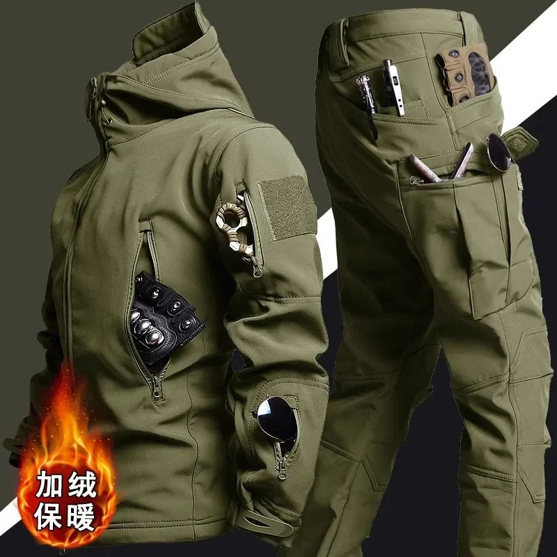 Tactical Winter Set Men's Military Outdoor Windproof Waterproof Suit Multi-Pocket Soft Shell Hooded Jackets Sharkskin Work Pants