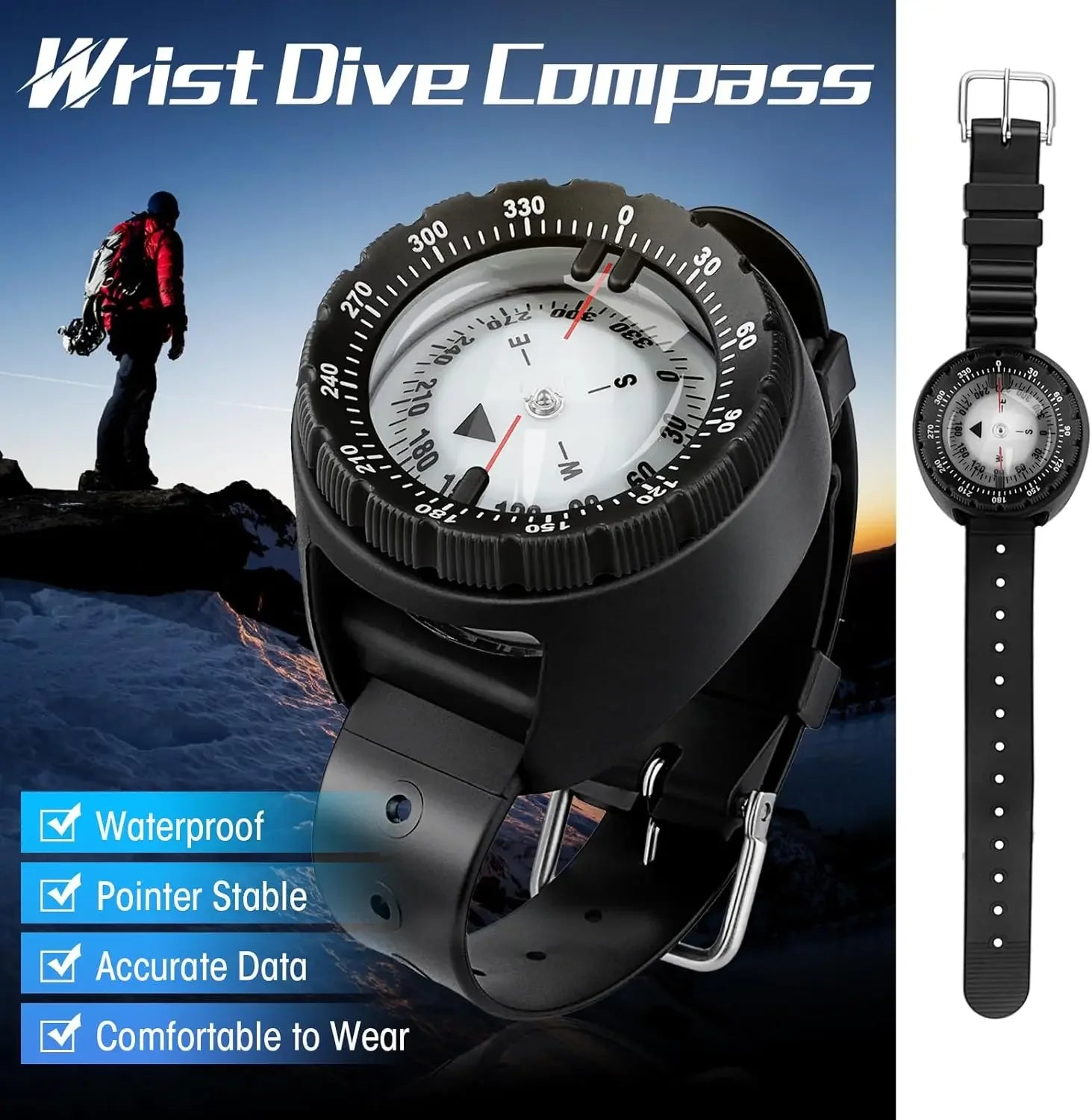 Underwater Navigation Compass 50m Professional Waterproof Scuba Luminous Dial Wrist Strap Compass For Diving Camping Swimming