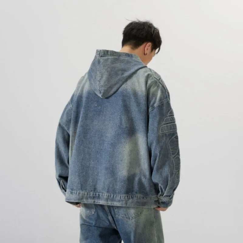 Denim Hooded Jacket Men Women Convex Turtle Shell Pattern Loose Casual Vintage Sweatshirt Coat Street Washed Denim Pullovers New