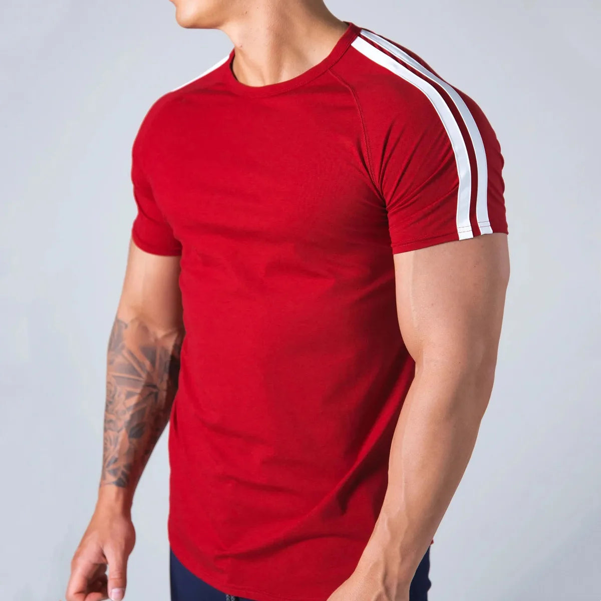 Red Gym Fitness T-shirt Men Running Sport Skinny Shirt Short Sleeve Cotton Tee Tops Summer Male Bodybuilding Training Clothing