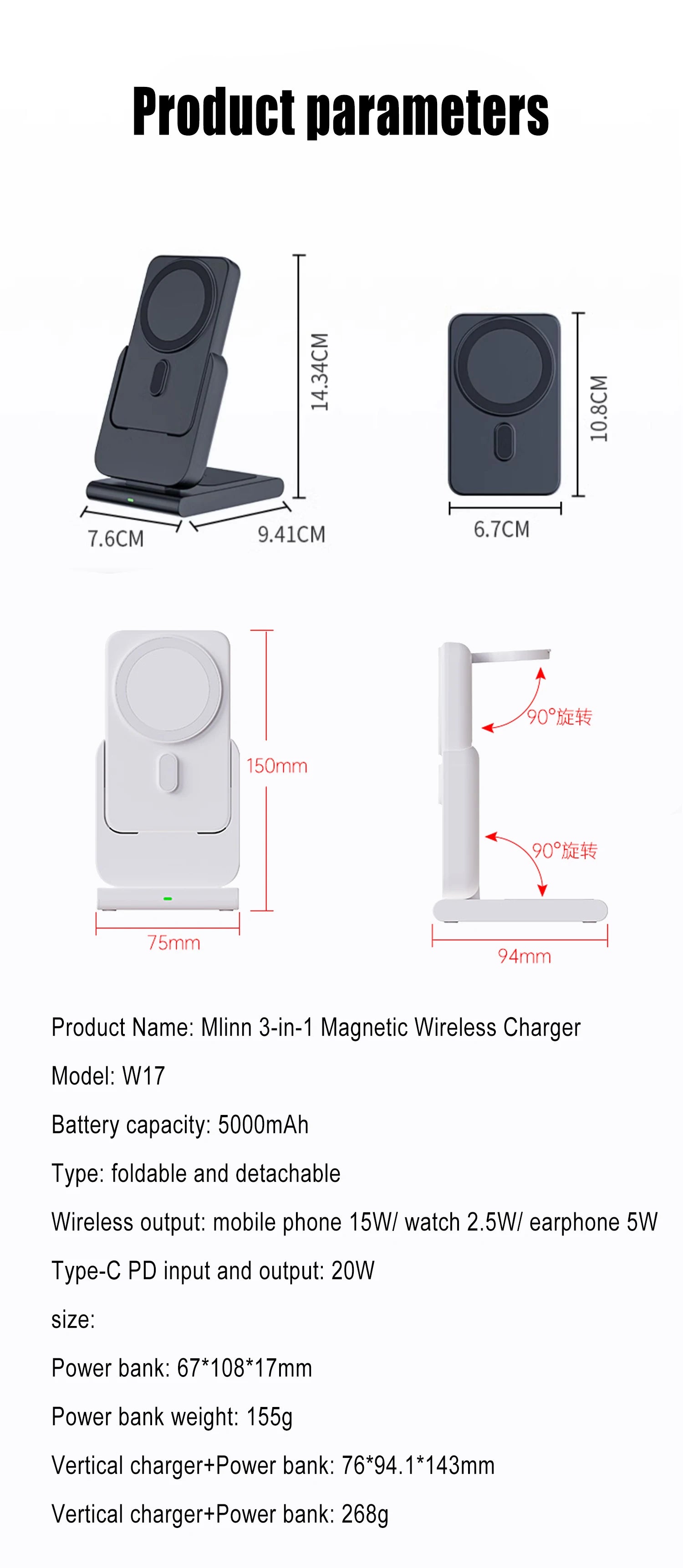 3 in 1 Wireless Charging Magnetic Station Foldable Fast Charger Stand Portable Battery Power Bank for MagSafe iPhone 15/14/13/12