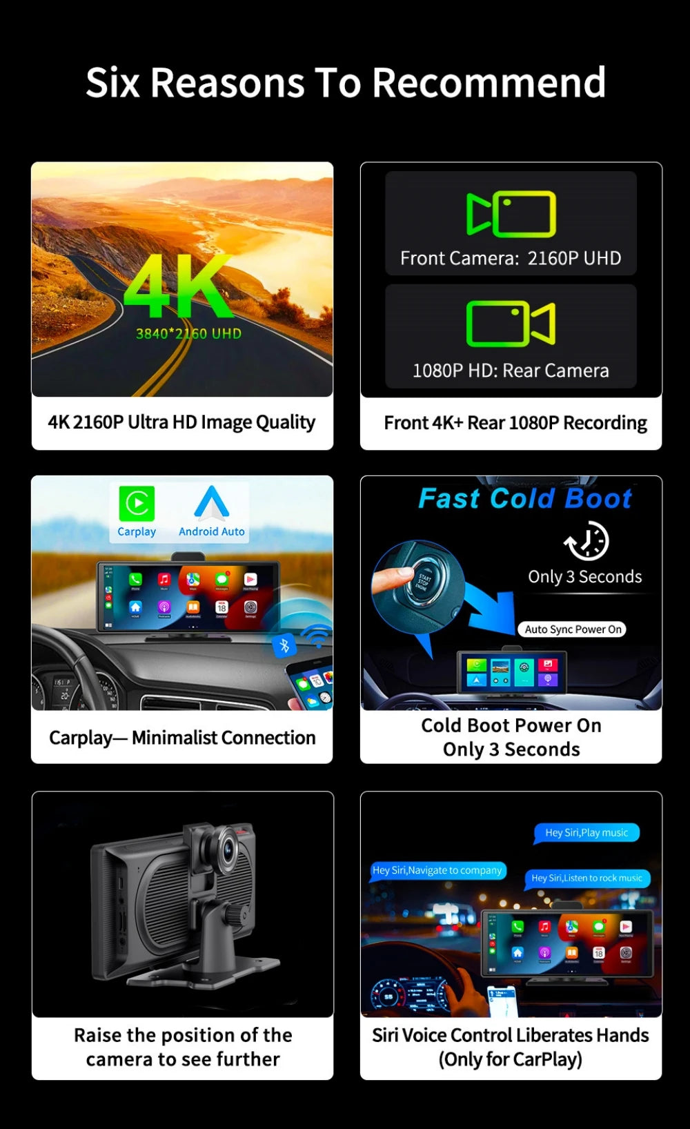 2024  10.26" Dash Cam 4K 2160P Rearview Camera Carplay & Android Auto GPS Navigation with Voice Control Car DVR BT FM Monitor