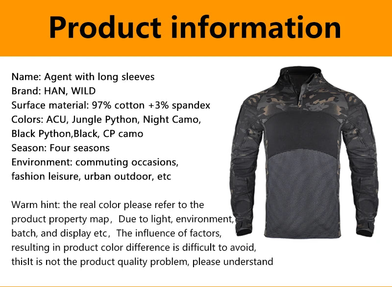 HAN WILD Tactical Shirt Men Clothing Elasticity Hunting Shirts Combat Shirt Camo Softair Climbing Shirt Hiking Camping Clothing