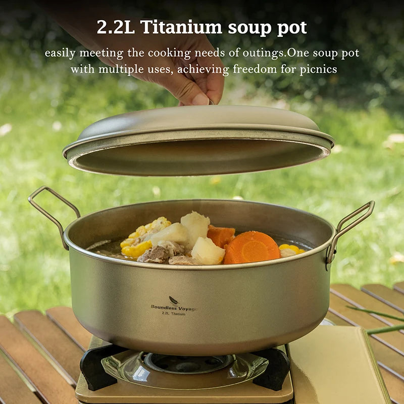 Boundless Voyage 2.2L Titanium Stock Pot & 2L Steamer Outdoor with Lid Soup Pot Kitchen Camping Cookware with Folding Handle