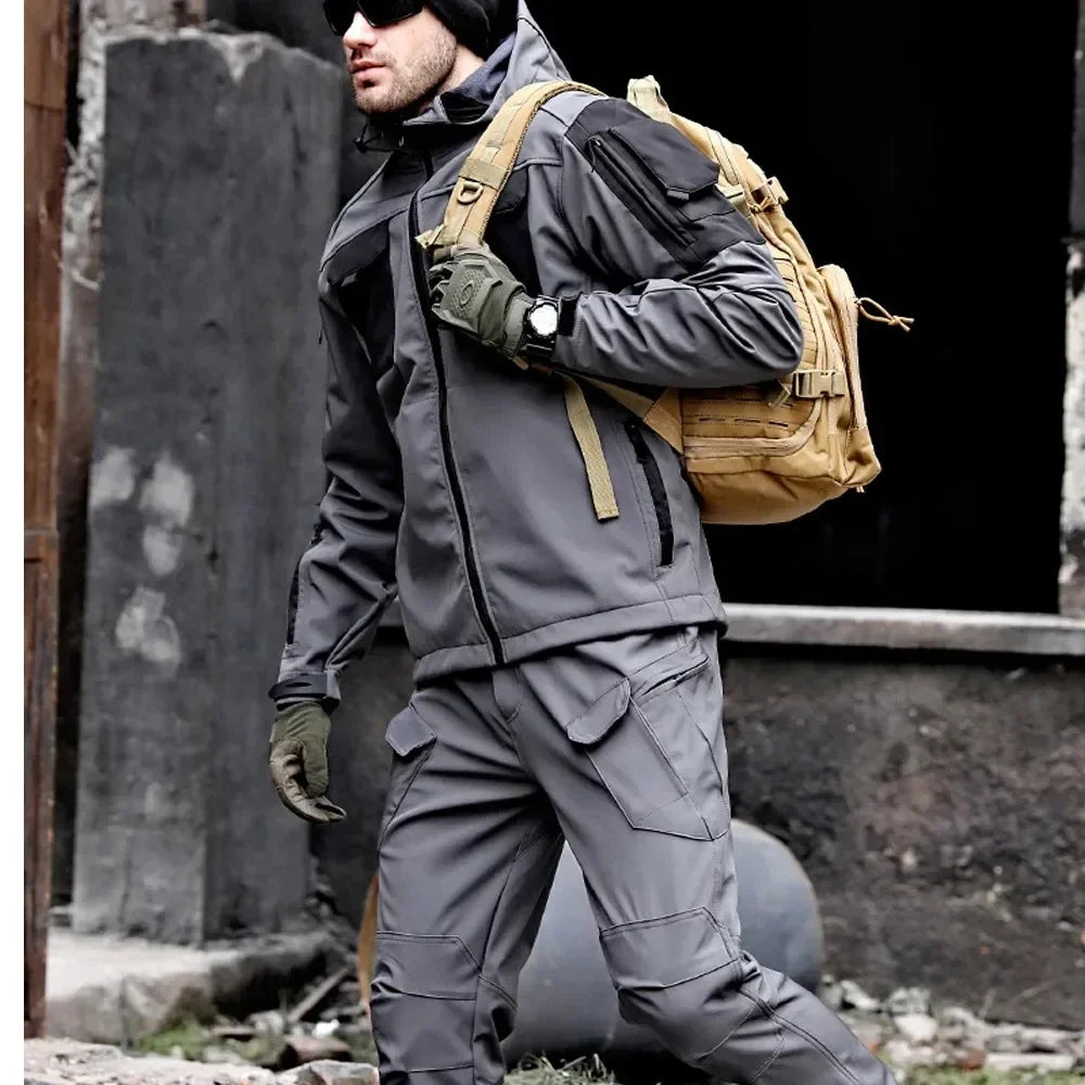 Military Fleece Warm Cargo Sets Men Winter Multi-pocket Hooded Jacket+Soft Shell Wear-resistant Straight Pant 2Pcs Suit Army Set