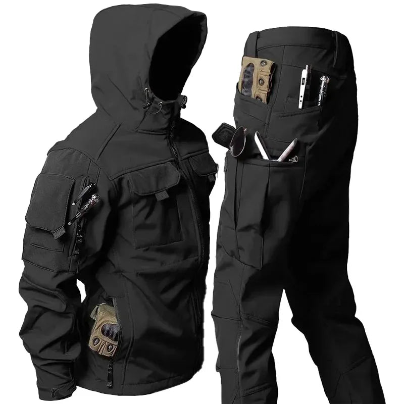 Military Fleece Warm Cargo Sets Men Winter Multi-pocket Hooded Jacket+Soft Shell Wear-resistant Straight Pant 2Pcs Suit Army Set