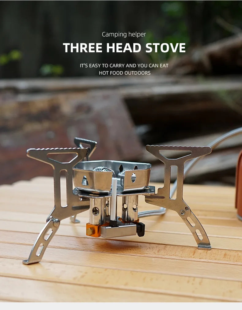 New Arrival Outdoor Portable Three Head Stove Camping Windproof Stove Camping Picnic Burner Outdoor Foldable Gas Stove