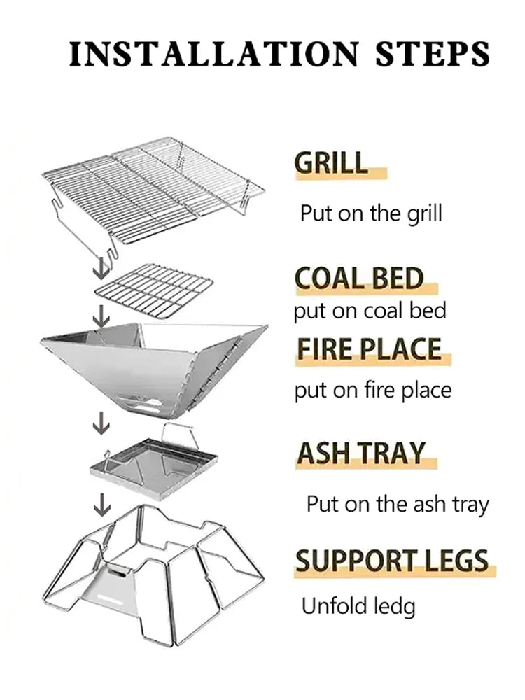 Folding Grill Fire Pit Outdoor Table Camping Stove Stainless Steel Foldable Barbecue With A Charcoal Rack Grill