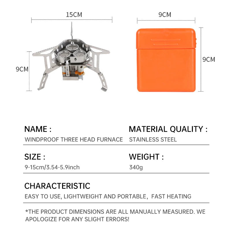 Outdoor portable stove head windproof three-head stove split folding stove head stainless steel climbing camping stove head