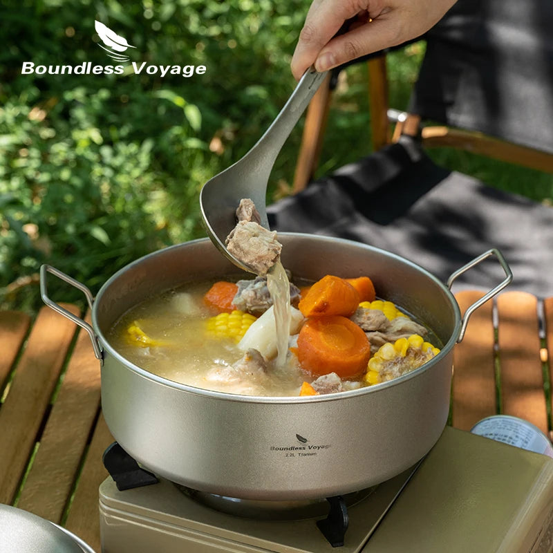 Boundless Voyage 2.2L Titanium Stock Pot & 2L Steamer Outdoor with Lid Soup Pot Kitchen Camping Cookware with Folding Handle