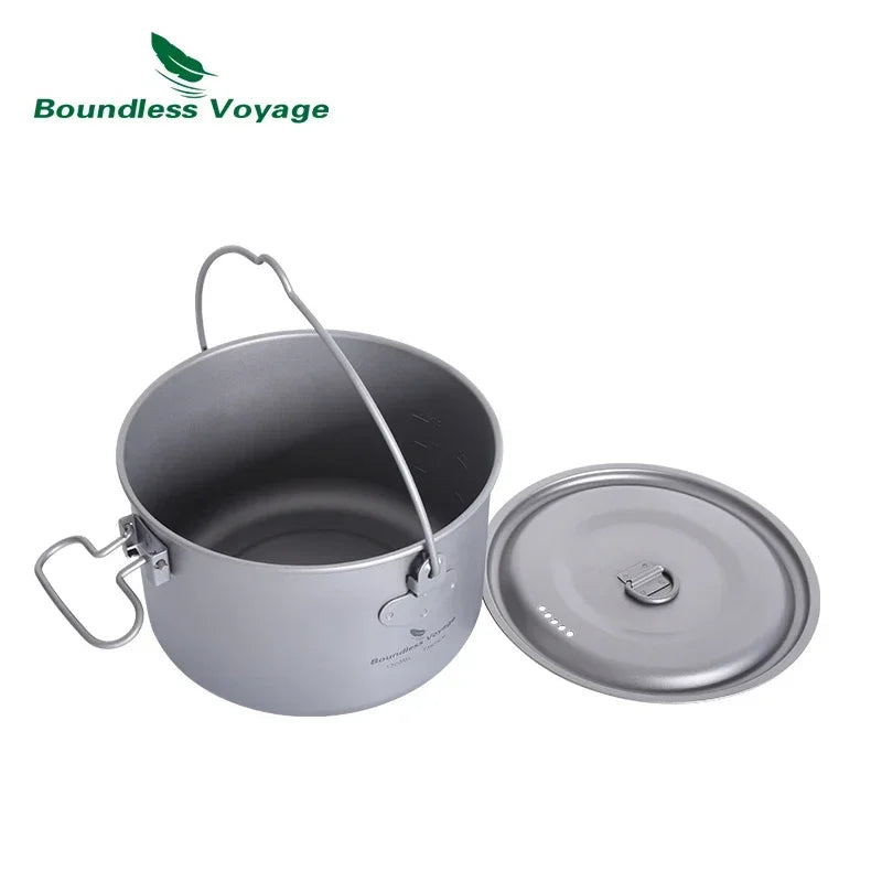 Boundless Voyage Outdoor Camping Titanium Cooking Pots Hanging Pot with Handle Picnic Hiking Kettle Cookware 1.3L 1.95L 2.9L