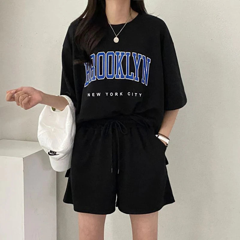 Korean Style Summer Female Sporty Outfit Running Gym Suit Women Clothing Two Piece Sets Short Sleeve T shirt Top Shorts Casual