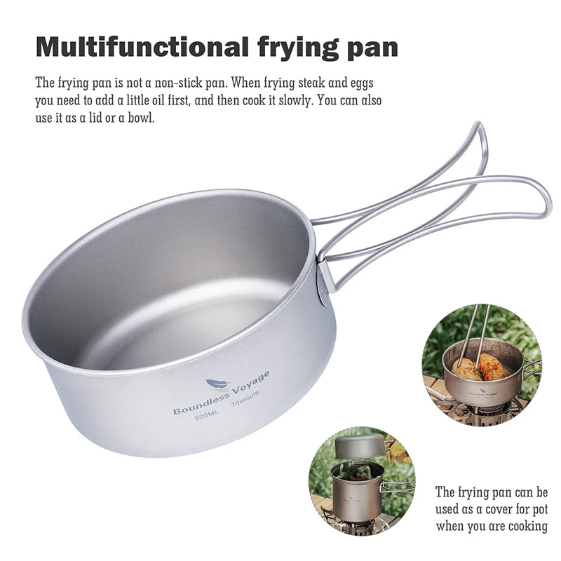 Boundless Voyage Outdoor Titanium Camping Pot Pan Set with Folding Handle Picnic Hiking Mini Size Cookware Mess Kit Ti2037-39C