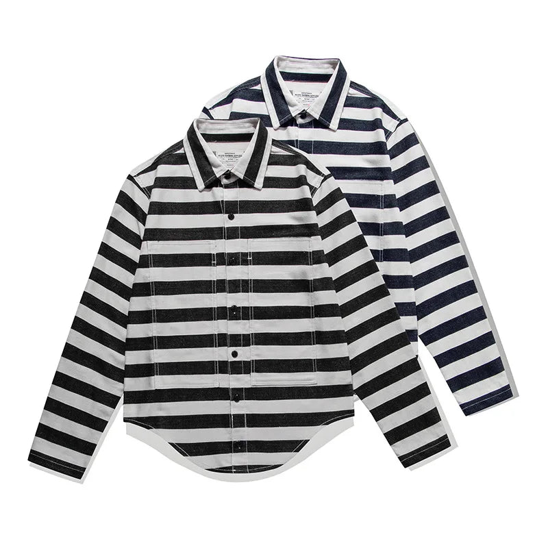 OKONKWO-Retro Black White Stripe Shirt Motorcycle Long Sleeve Stripe Cardigan Outdoor Trekking Camping Tooling Blouse Clothing