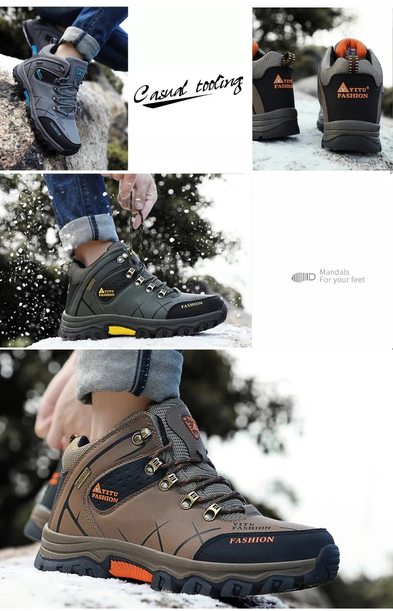 Brand Men Winter Snow Boots Waterproof Leather Sneakers Super Warm Men's Boots Outdoor Male Hiking Boots Work Shoes Size 39-47