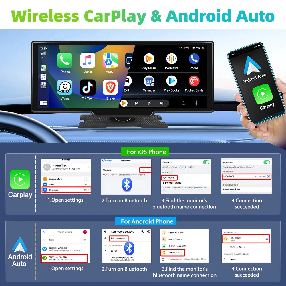 Podofo 6.86" /9.3" Car Mirror Video Recording  Wireless Carplay Monitor Android Auto dashboard DVR GPS Navigation Carplay screen