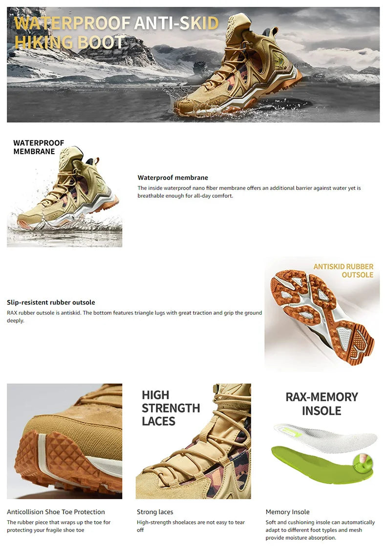 RAX Men Hiking Shoes winter Waterproof Outdoor Sneaker Men Leather Trekking Boots Trail Camping Climbing snow Sneakers Women